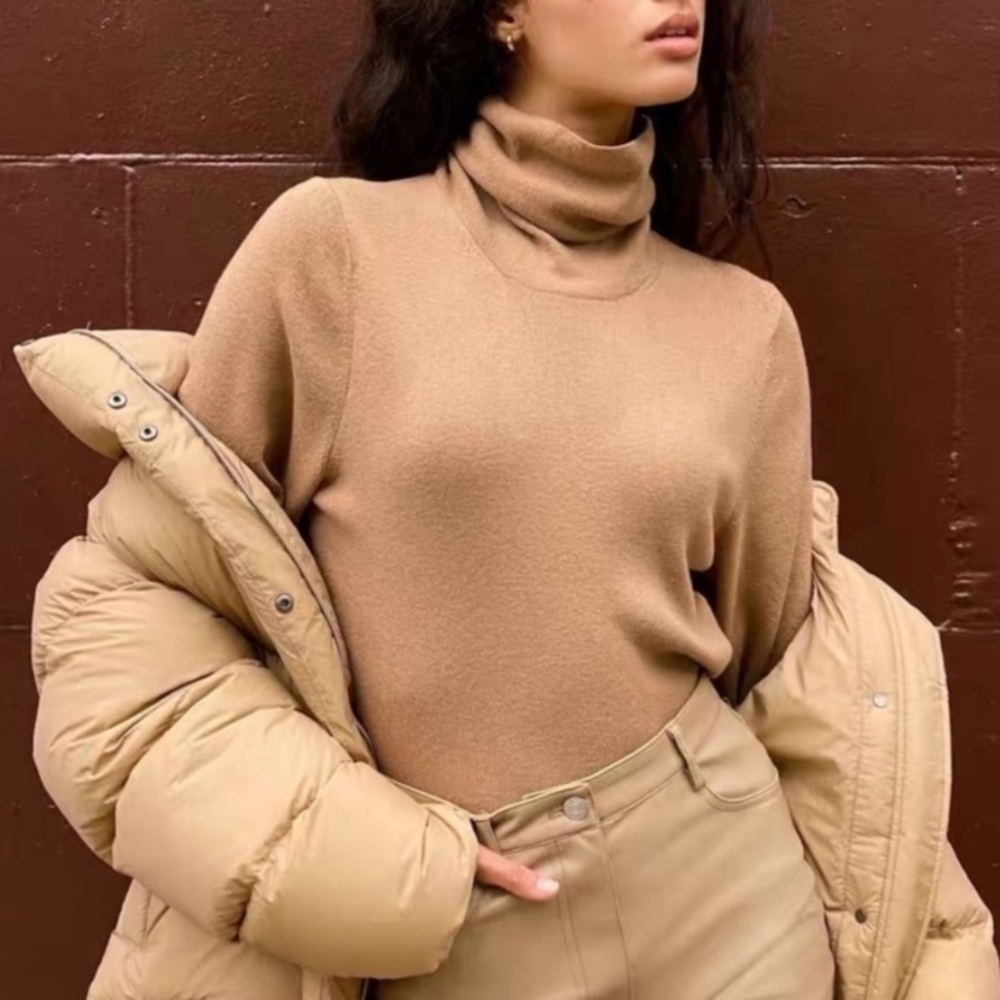 Wilfred Women's Tan Rebecca Turtleneck cropped Sweater Merino wool Size XS
